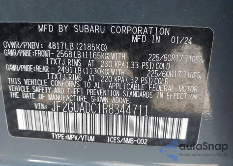 2024 Subaru Crosstrek Premium из США, поврежденный, VIN JF2GUADC1R8344711